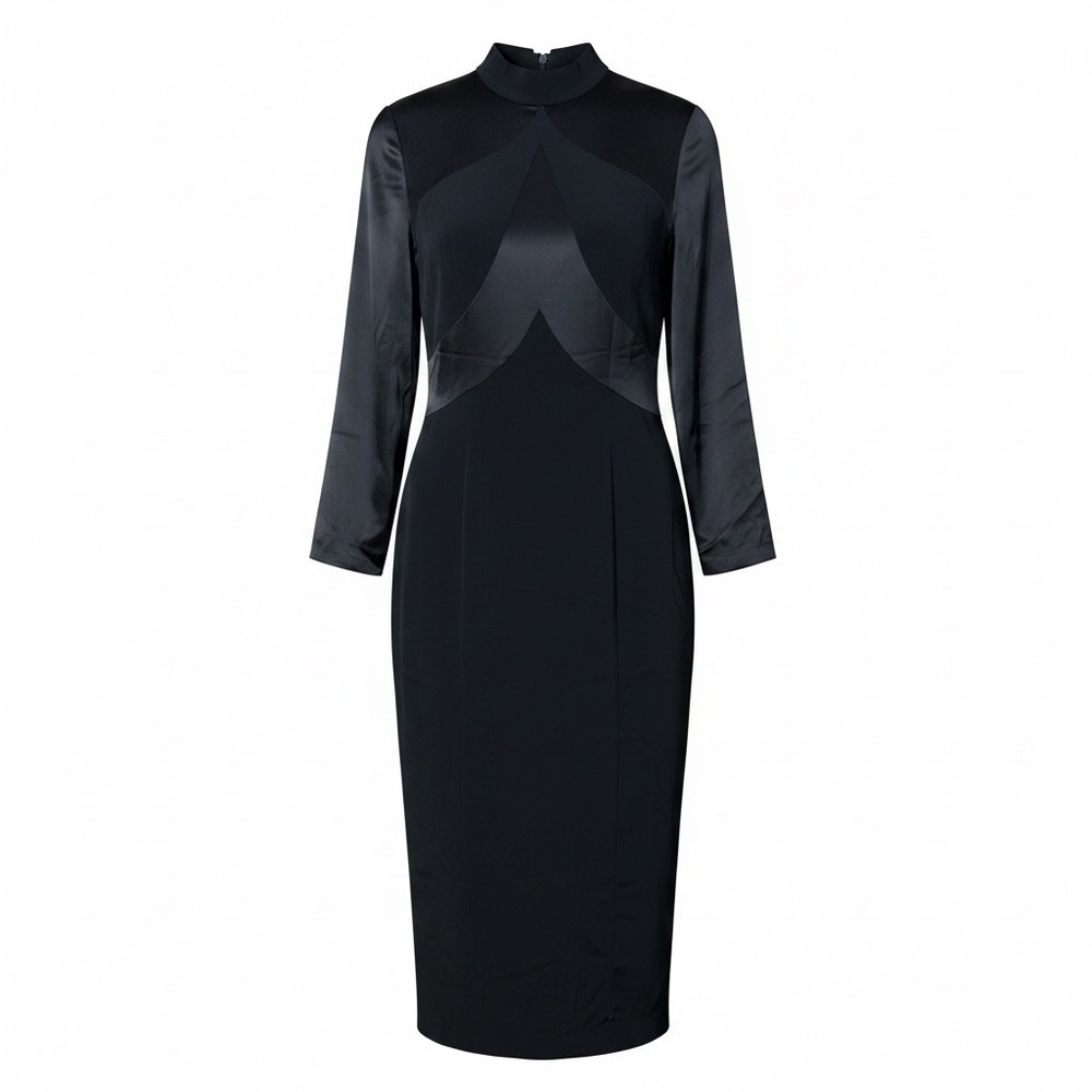 Niteline Della Roufogali Vintage Black Satin Panel Mock Neck Maxi Dress Gown 8